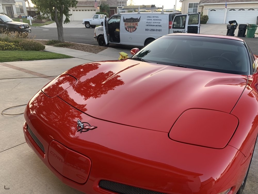 Impeccable exterior detailing of a Corvette in the Inland Empire, showcasing a flawless shine and pristine condition.