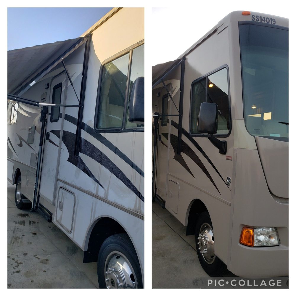 Before and after view of RV detailing service